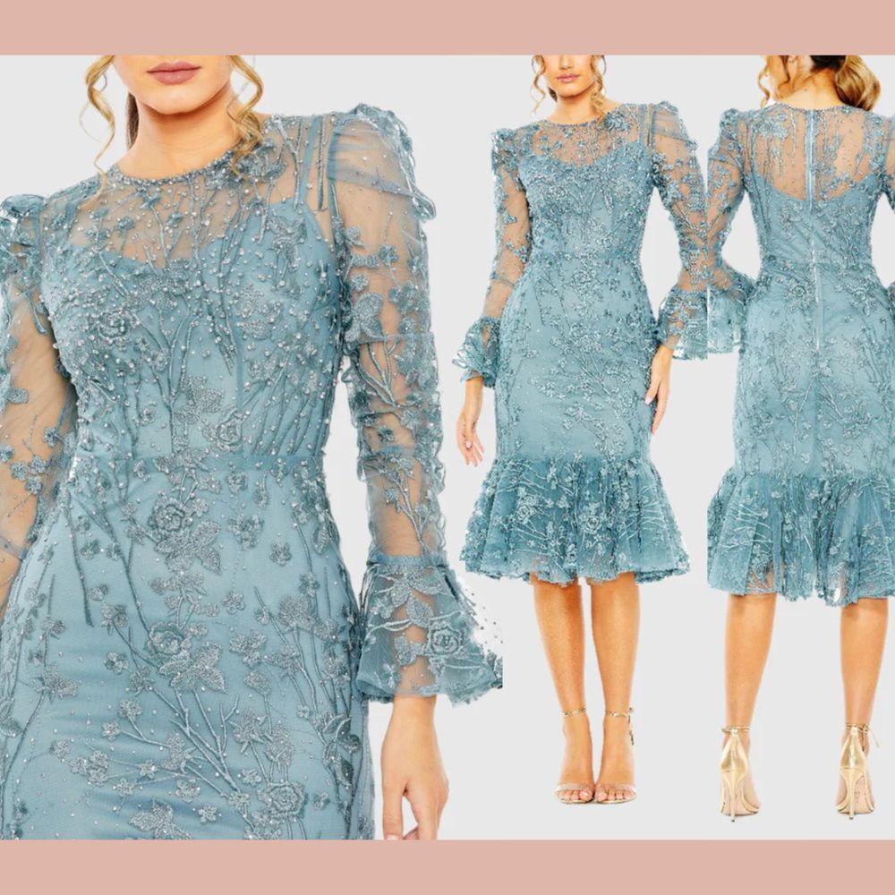 NWT MAC DUGGAL [ 4 ] 20431 Ruffle Wrist‎ Embellished High Neck Midi Dress Q1076